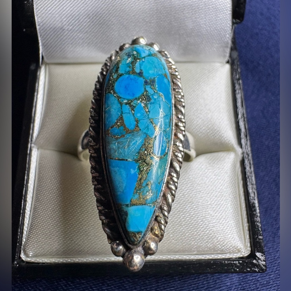 Ring Artisan Turquoise Blue Copper Infused and 925 Sterling Silver Statement